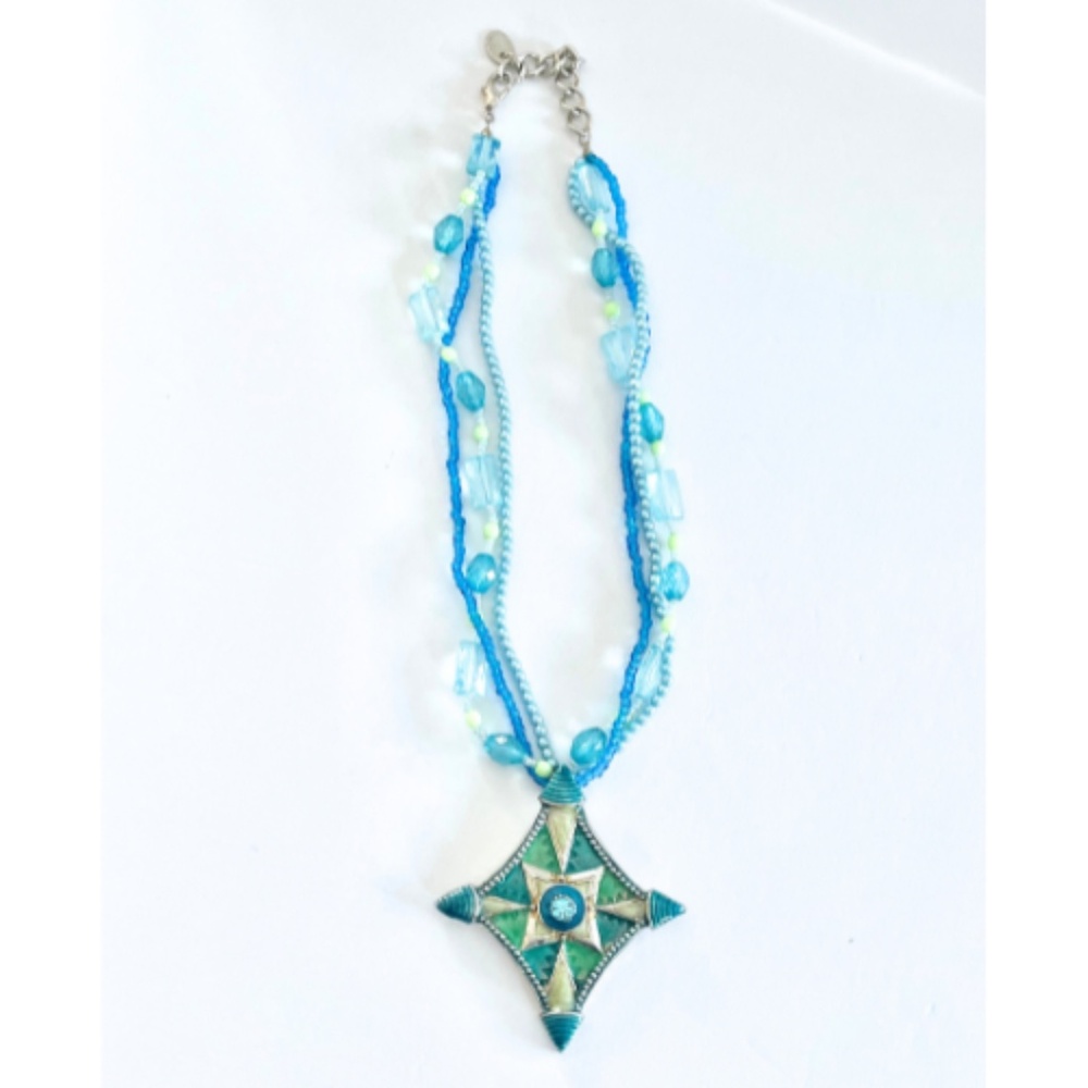 Blue and Teal Silver Pendant Multi Strand Bead Necklace